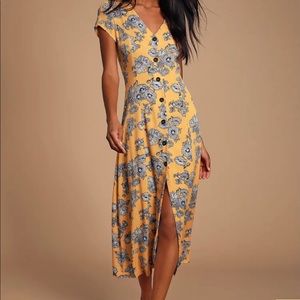 Lulus Lucinda Yellow Floral ButtonFront Midi Dress